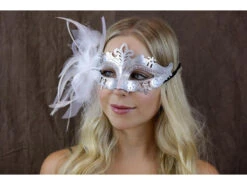 Masquerade Mask With Tulle & Feathers - White & Silver -Caufields Store 07CAA565 8F31 4259 A33B 022EC17F6919