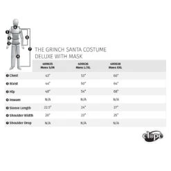Dr. Seuss' The Grinch - Deluxe Santa Adult Costume -Caufields Store 400635 41 SIZECHART