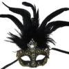 Half Mask With Feathers & Clear Jewels - Black & Gold