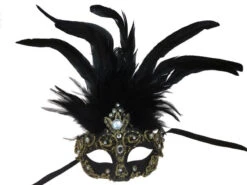 Half Mask With Feathers & Clear Jewels - Black & Gold