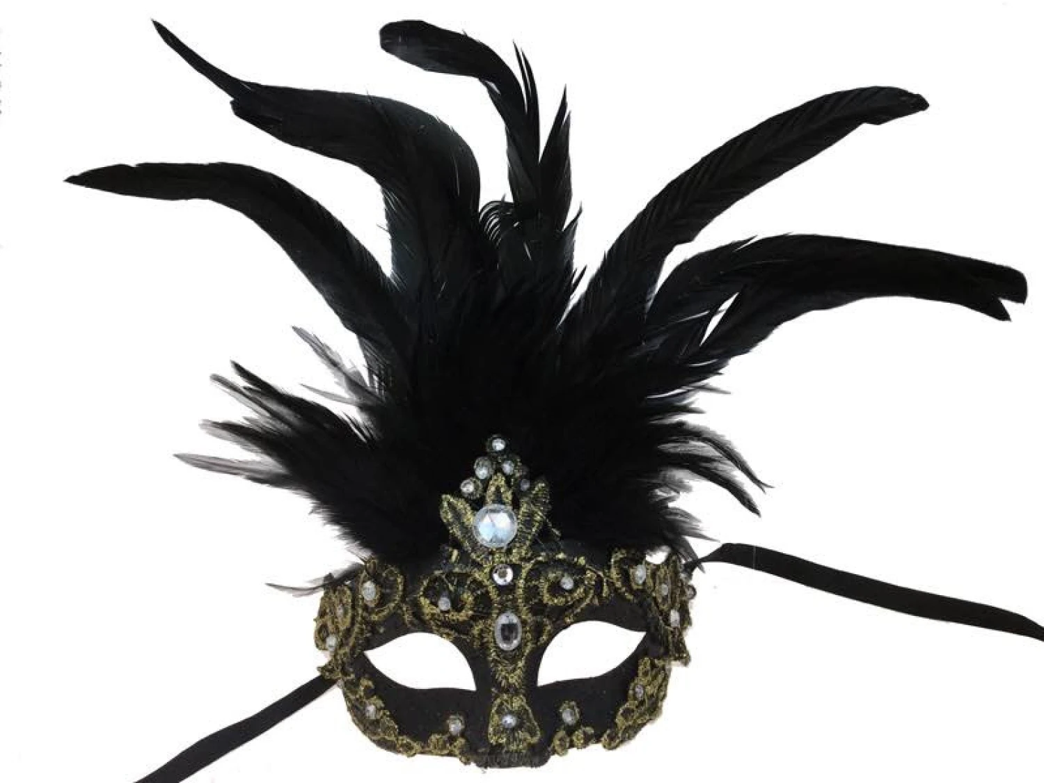Half Mask With Feathers & Clear Jewels - Black & Gold 1 Half Mask With Feathers & Clear Jewels - Black & Gold