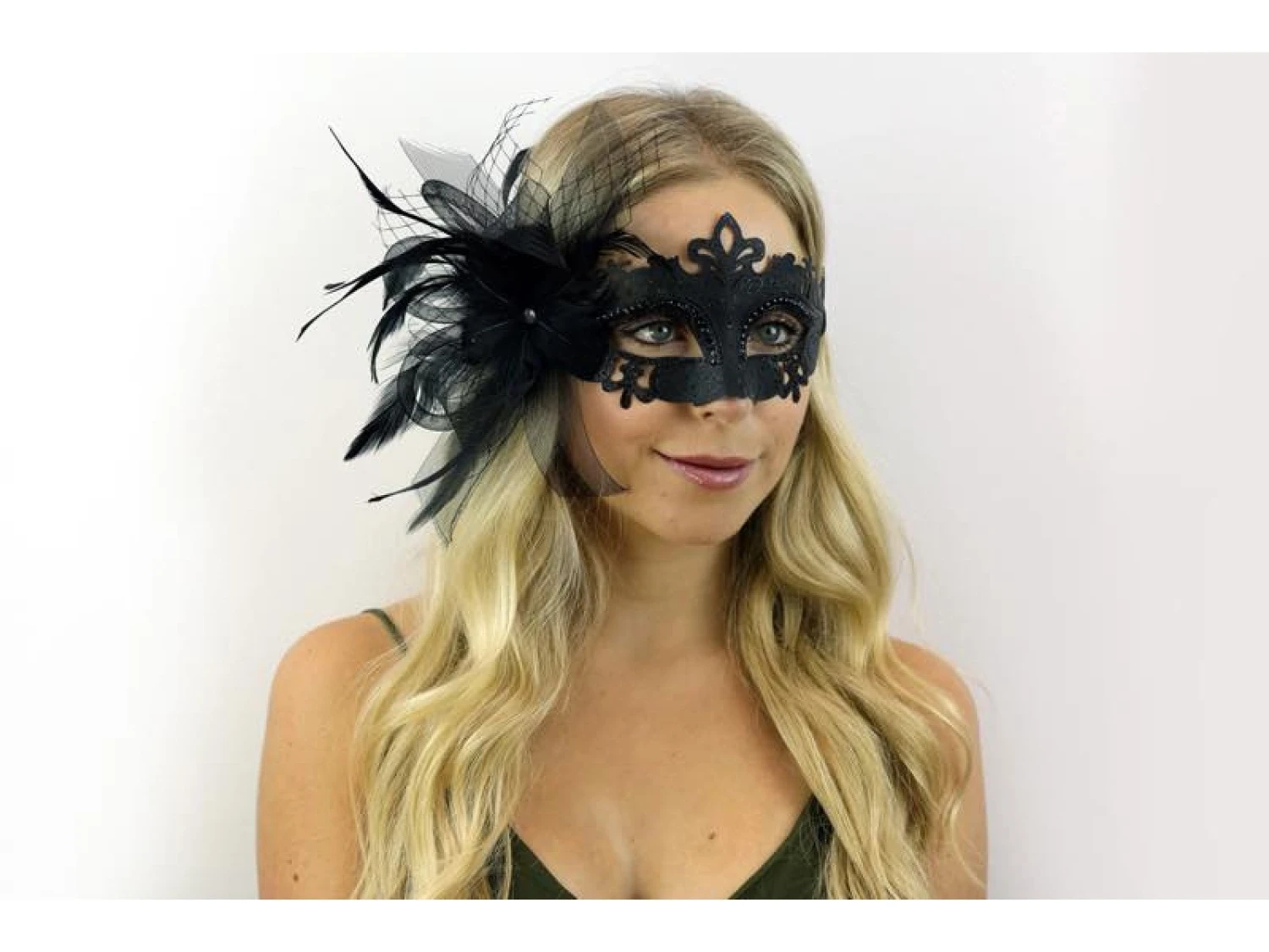 Masquerade Mask With Tulle & Feathers -Black 3 Masquerade Mask With Tulle & Feathers -Black - Image 3