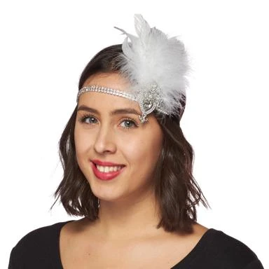 Flapper Headband Rhinestone W/White Feathers 1 Flapper Headband Rhinestone W/White Feathers