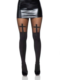 LEG AVENUE Black Cross Sheer Stockings - Adult