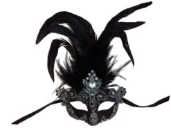 Half Mask With Feathers & Clear Jewels - Black & Silver