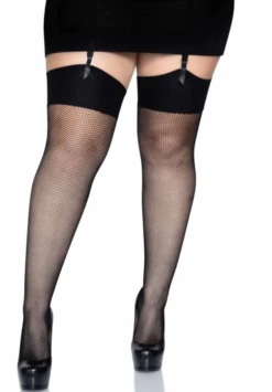 LEG AVENUE Black Fishnet Thigh High Stockings - Plus Size