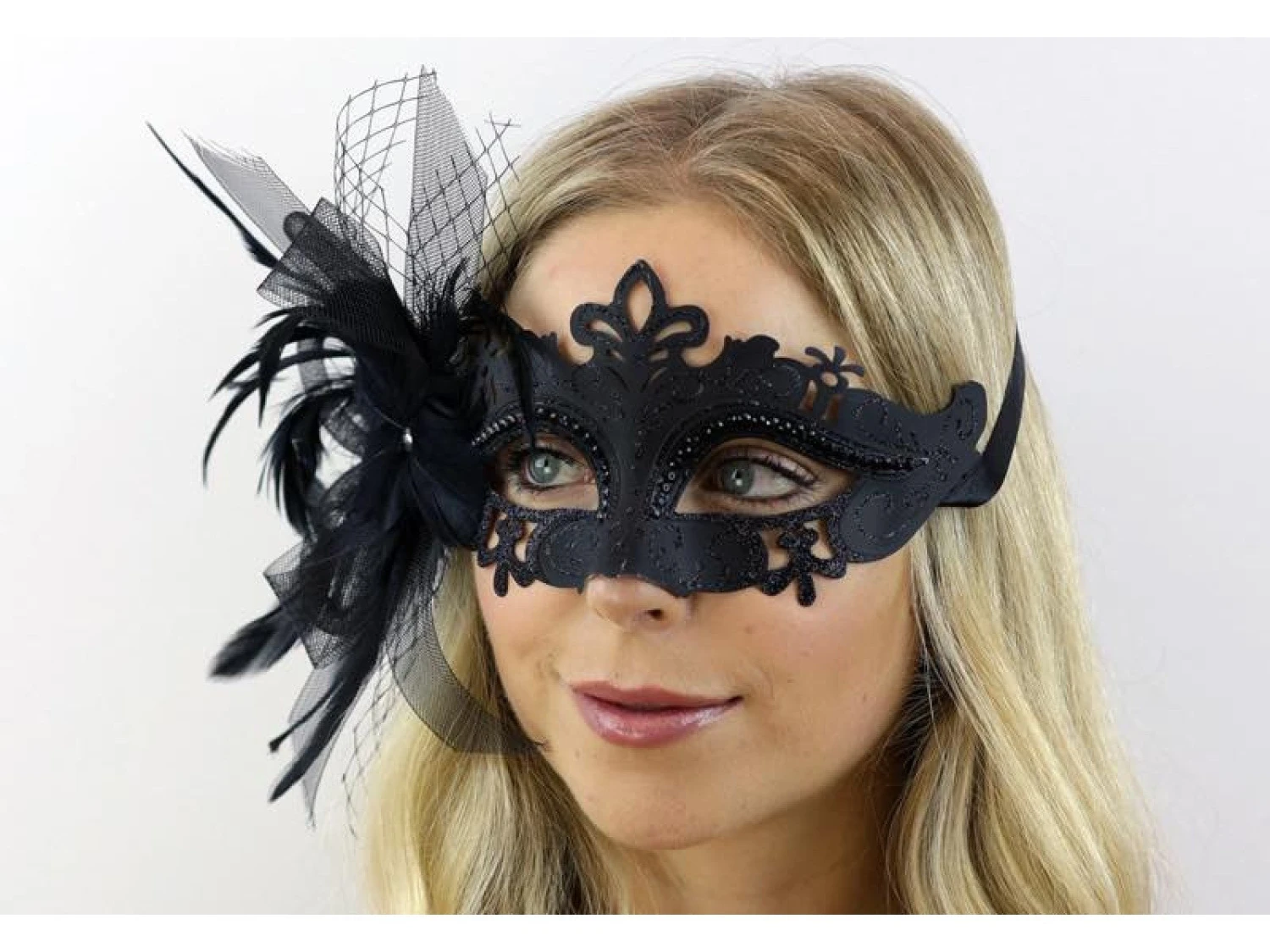Masquerade Mask With Tulle & Feathers -Black 2 Masquerade Mask With Tulle & Feathers -Black - Image 2