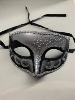 Black & Silver Half Mask With Glitter & Ribbon Ties