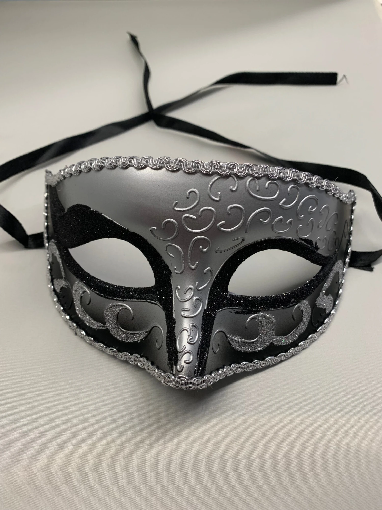 Black & Silver Half Mask With Glitter & Ribbon Ties 1 Black & Silver Half Mask With Glitter & Ribbon Ties