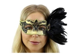 Masquerade Mask With Feathers - Black & Gold