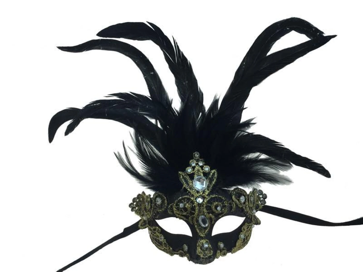 Half Mask With Feathers & Clear Jewels - Black & Gold 2 Half Mask With Feathers & Clear Jewels - Black & Gold - Image 2