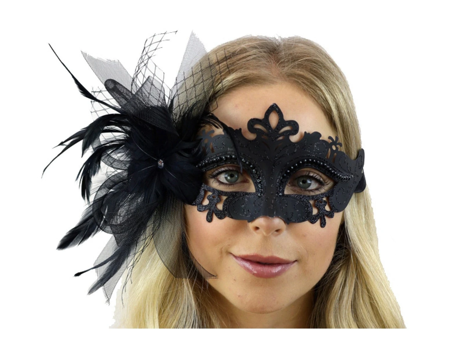 Masquerade Mask With Tulle & Feathers -Black 1 Masquerade Mask With Tulle & Feathers -Black