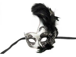 Black & Silver Half Mask With Glitter & Feathers