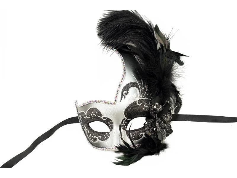 Black & Silver Half Mask With Glitter & Feathers 1 Black & Silver Half Mask With Glitter & Feathers