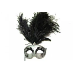 Black & SilverHalf Mask With Black Feathers On Stick