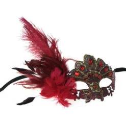 Red Half Mask With Crystals & Feathers