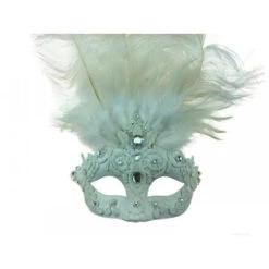 White Half Mask With Feathers, Crystals, & Lace