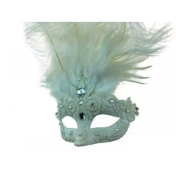 White Half Mask With Feathers, Crystals, & Lace -Caufields Store M8339White 2 1000x1000w