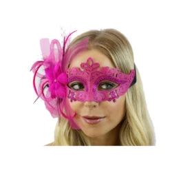 Hot Pink Half Mask With Feather Flower & Ribbons -Caufields Store M8500HP 1000x1000w