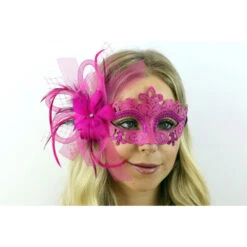 Hot Pink Half Mask With Feather Flower & Ribbons