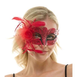 Red Fascinator Half Mask With Tulle Flower & Feather
