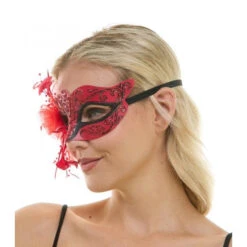 Red Fascinator Half Mask With Tulle Flower & Feather -Caufields Store M8580R 3 550x550h