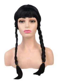 Black Pigtail Wig With Bangs