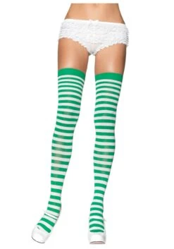 LEG AVENUE Green And White Striped Thigh High Stockings