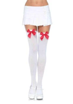 LEG AVENUE Thigh High Nylon’s White With Red Bow - Standard