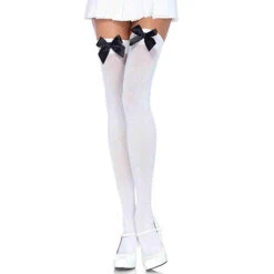 LEG AVENUE Thigh High Nylon’s White With Black Bow - Standard
