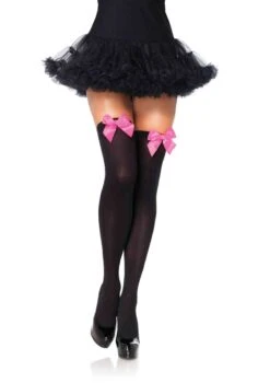 LEG AVENUE Thigh High Nylon’s Black With Bright Pink Bow - Standard
