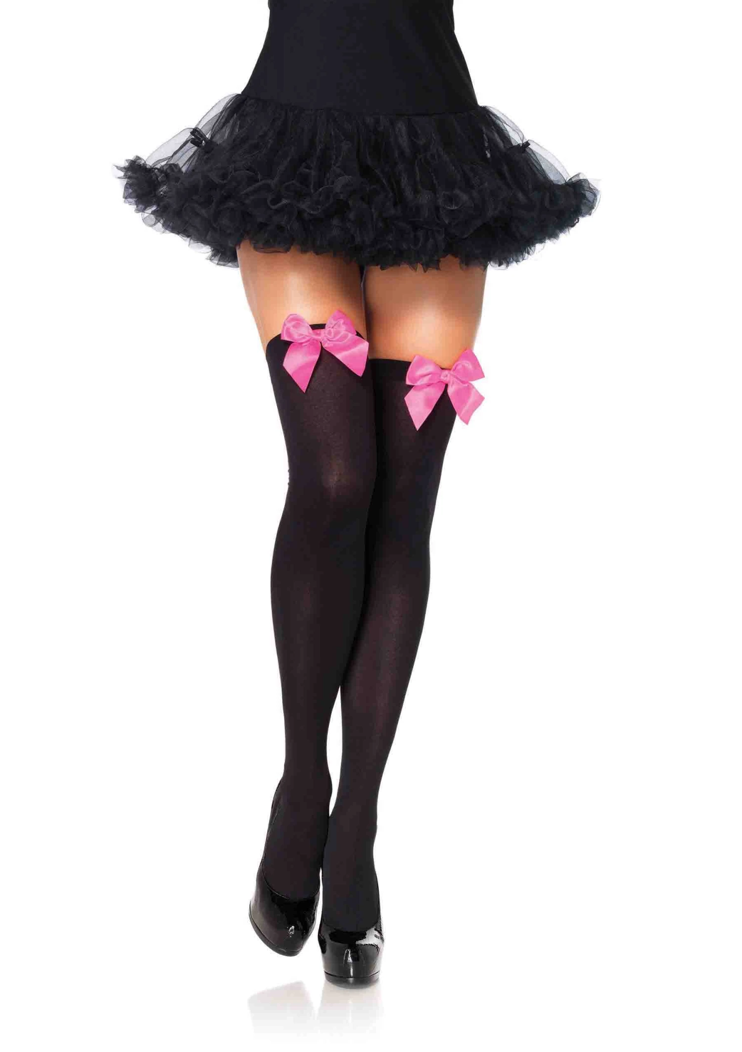 LEG AVENUE Thigh High Nylon’s Black With Bright Pink Bow - Standard 1 LEG AVENUE Thigh High Nylon’s Black With Bright Pink Bow - Standard