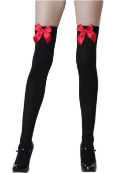 LEG AVENUE Thigh High Nylon’s Black With Red Bow - Standard