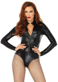 LEG AVENUE Shiny Black Wet Look Zippered Front Bodysuit - Adult