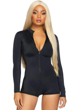 LEG AVENUE Zipper Front Long Sleeved Matte Romper - Adult