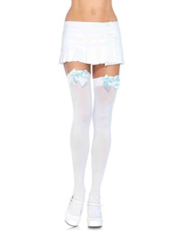 LEG AVENUE Thigh High Nylon’s White With Light Blue Bow - Standard
