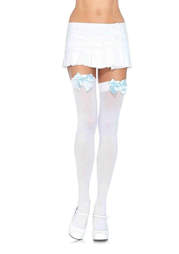 LEG AVENUE Thigh High Nylon’s White With Light Blue Bow - Standard 1 LEG AVENUE Thigh High Nylon’s White With Light Blue Bow - Standard