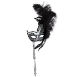 Glittered Mask Black And Silver With Feathers