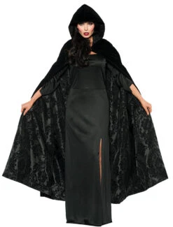 63" Deluxe Velvet & Satin Hooded Cape -Black