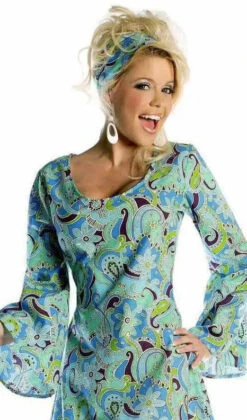 GoGo Dress - Blue -Caufields Store uw 28944 1970s go go hippie womens blue paisley print fancy dress costume close image